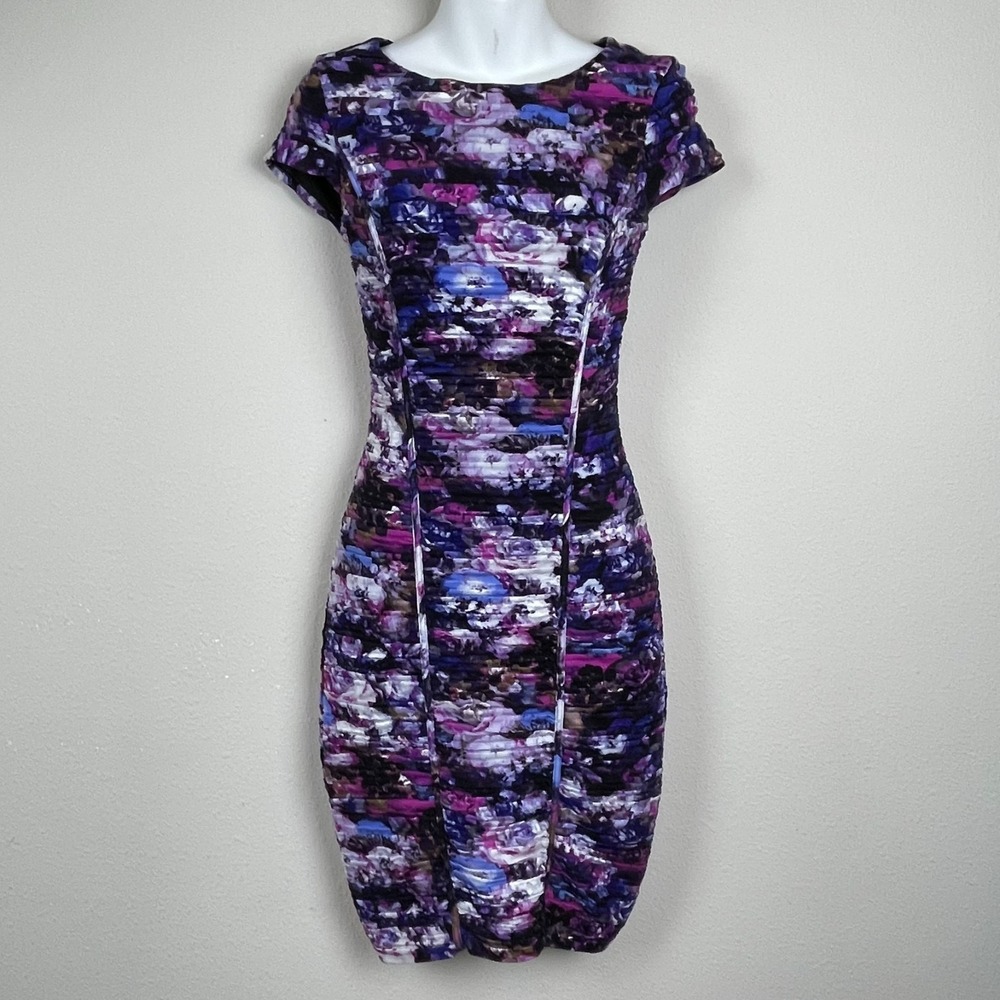 Cache Bodycon Mini Dress Size 2 Purple Floral Pleated Fairycore Partywear